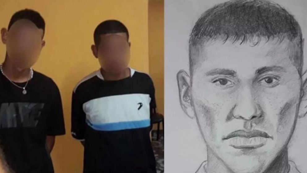 Los dos sospechosos aprehendidos por el brutal homicidio y el identikit que circuló en las redes.