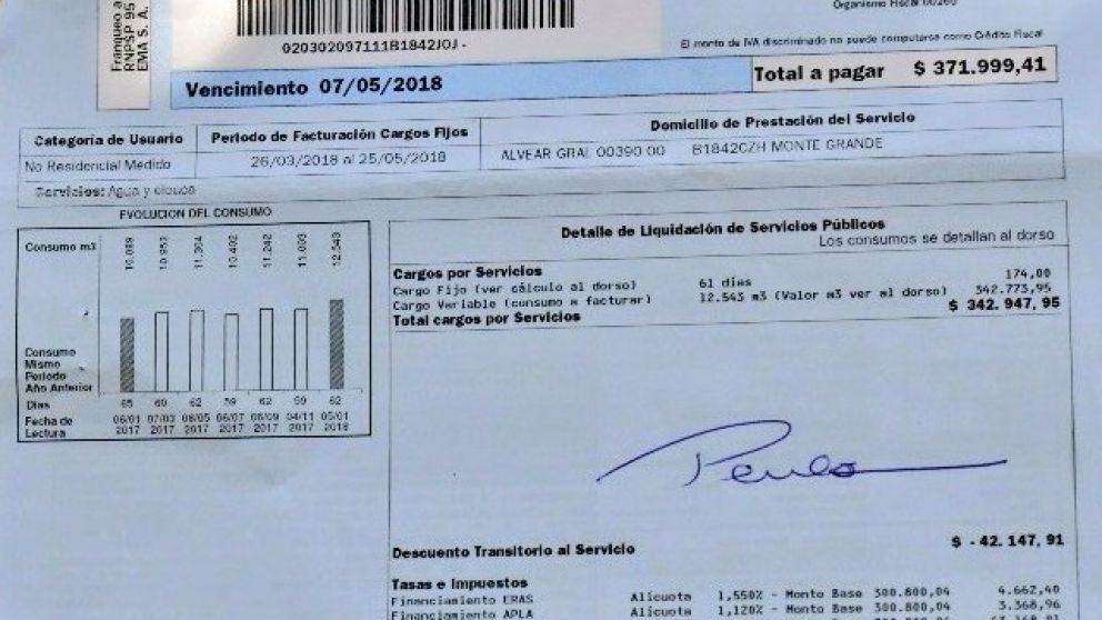 La factura que llegó al Santamarina de Esteban Echeverría. (Twitter)