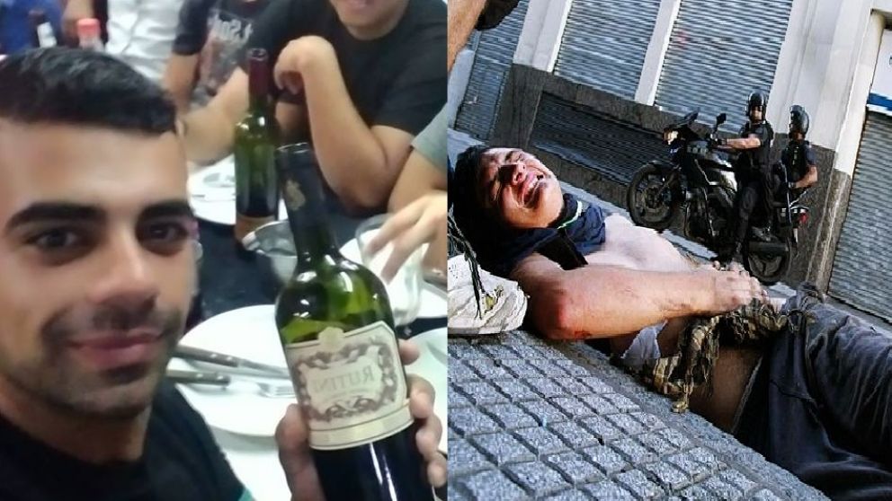El "matador de terroristas villeros" brinda con tinto, mientras Rosado, su víctima grita en el piso. (Crónica)