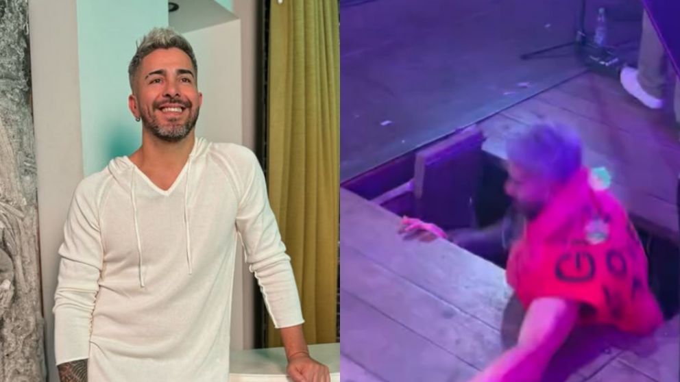El momento ocurrió en pleno show de Dale Q' va, cuando una parte del escenario cedió y provocó la caída del cantante (Instagram/@daleqva.oficial - @pablodavidortiz_oficial).