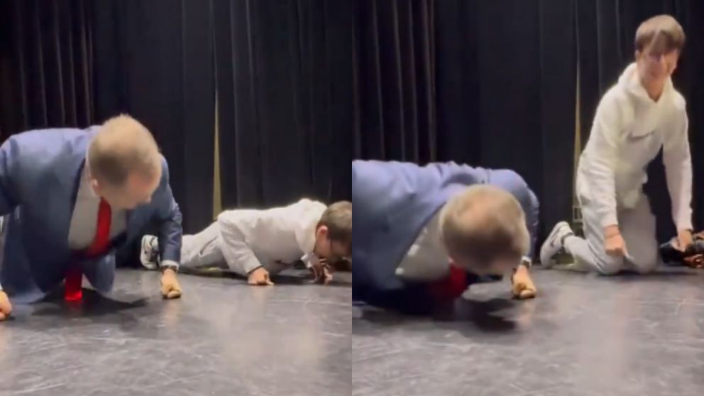 El video del presidente polaco venciendo a un joven haciendo flexiones con puño cerrado.