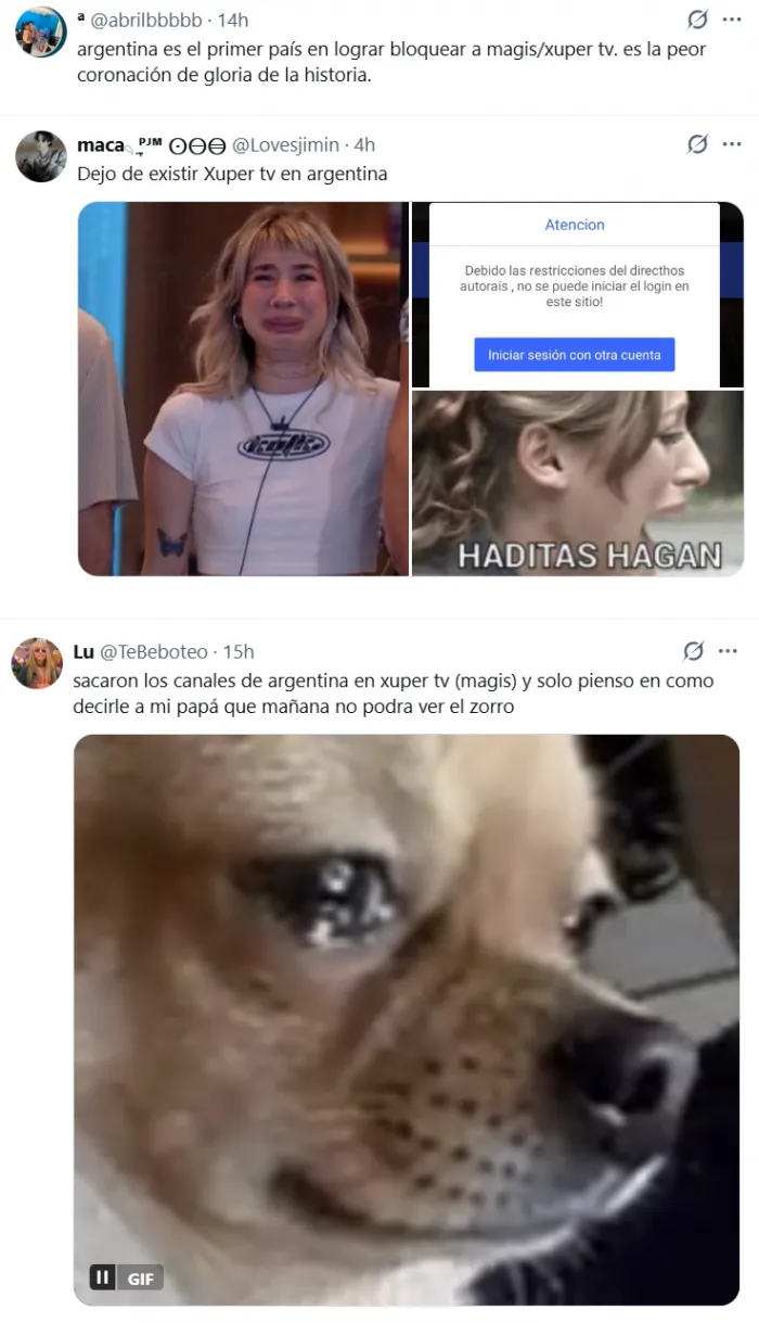 Más reacciones a la caída de Xuper TV (Captura X).