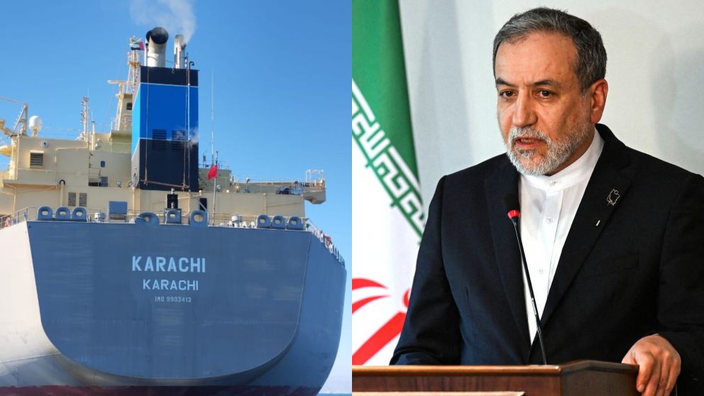 El buque pasquitaní Aframax Karachi y el ministro de Asuntos Eteriores de Irán, Abbas Araghchi.