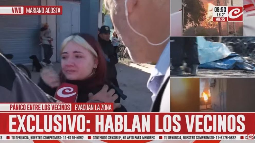 Una joven que no podía parar de llorar producto del recurdo de su padre, en medio del incendio del depósito de garrafas.