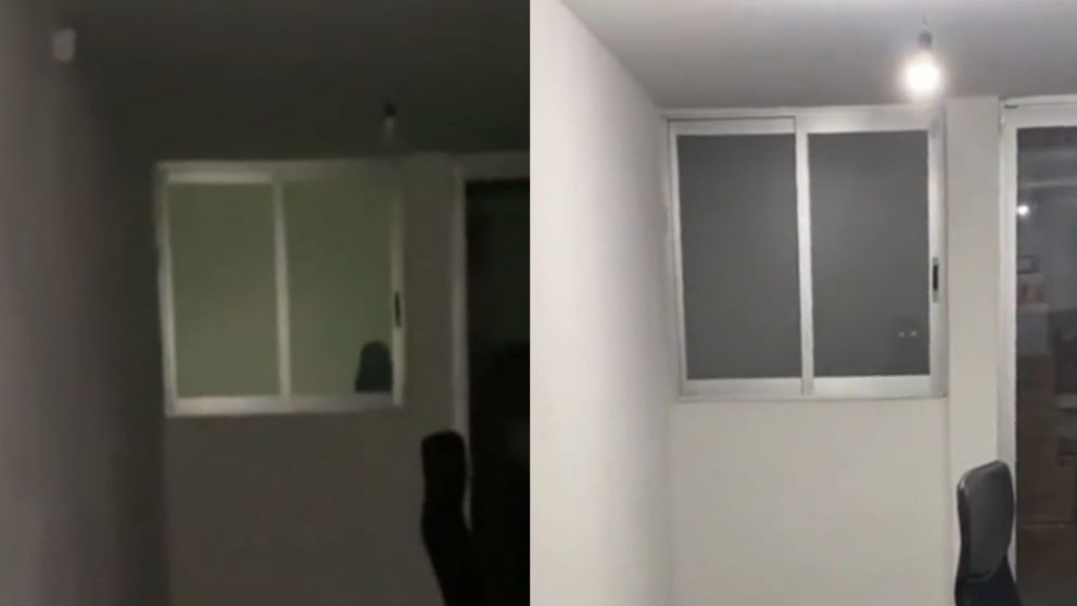 El hombre estaba solo en la oficina y la aparición de una extraña figura lo hizo escapar del lugar (Captura video).