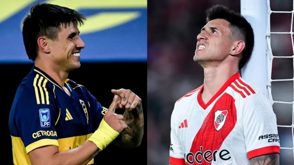 Adam Bareiro con la camiseta de Boca y la de River..