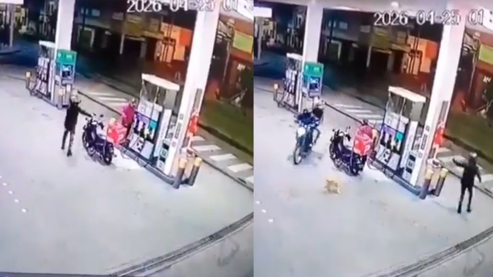 Un repartidor disparó contra dos delincuentes que quisieron robarle la moto mientras cargaba nafta (Imagen captura vídeo).