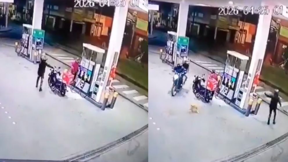 Un repartidor dispar� contra dos delincuentes que quisieron robarle la moto mientras cargaba nafta (Imagen captura v�deo).