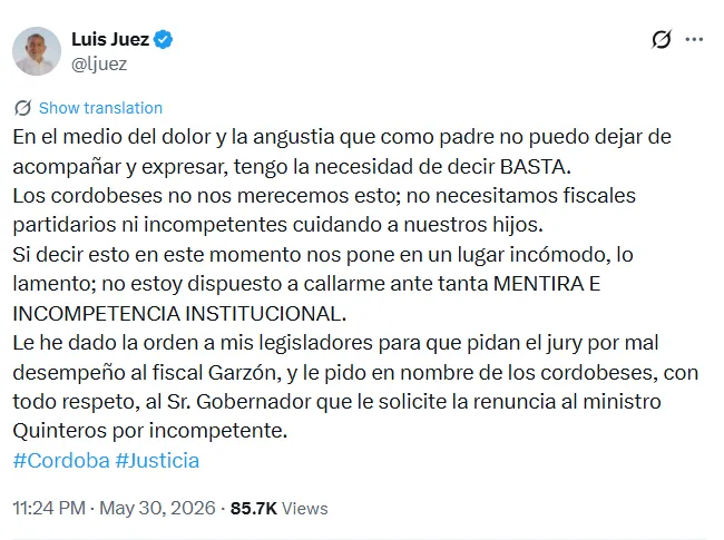El comunicado de Luis Juez tras el hallazgo del cuerpo de la adolescente.