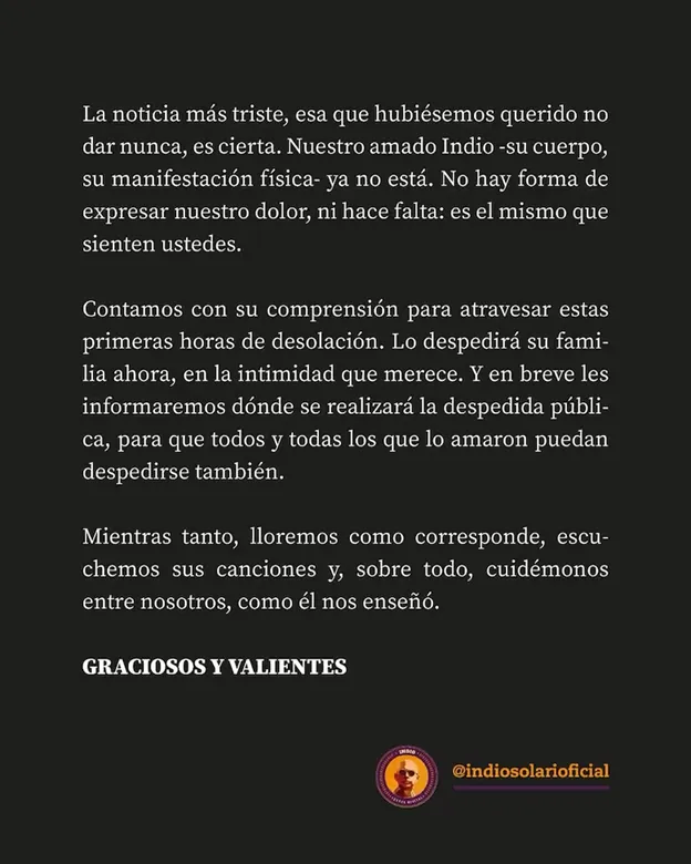 El comunicado de la familia del "Indio" Solari: "La noticia más triste, esa que hubiésemos querido no dar nunca"