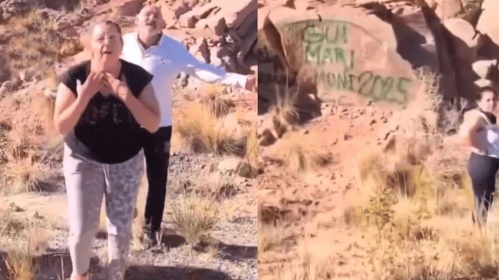 Dos turistas fueron escrachados por vandalizar rocas en Potrerillos.