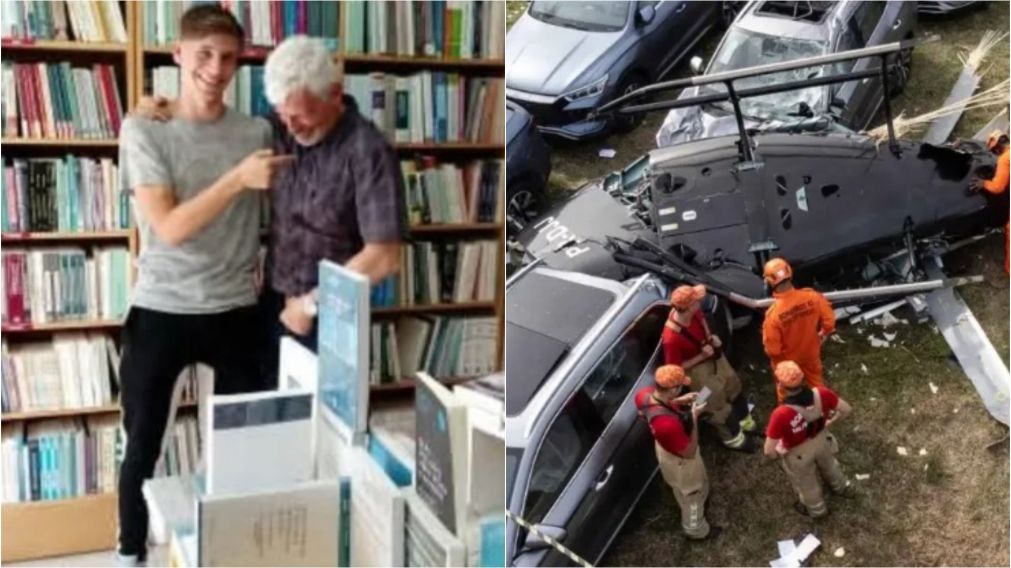 A la izquierda, Gaspi y su padre y, a la derecha, el helic�ptero siniestrado.