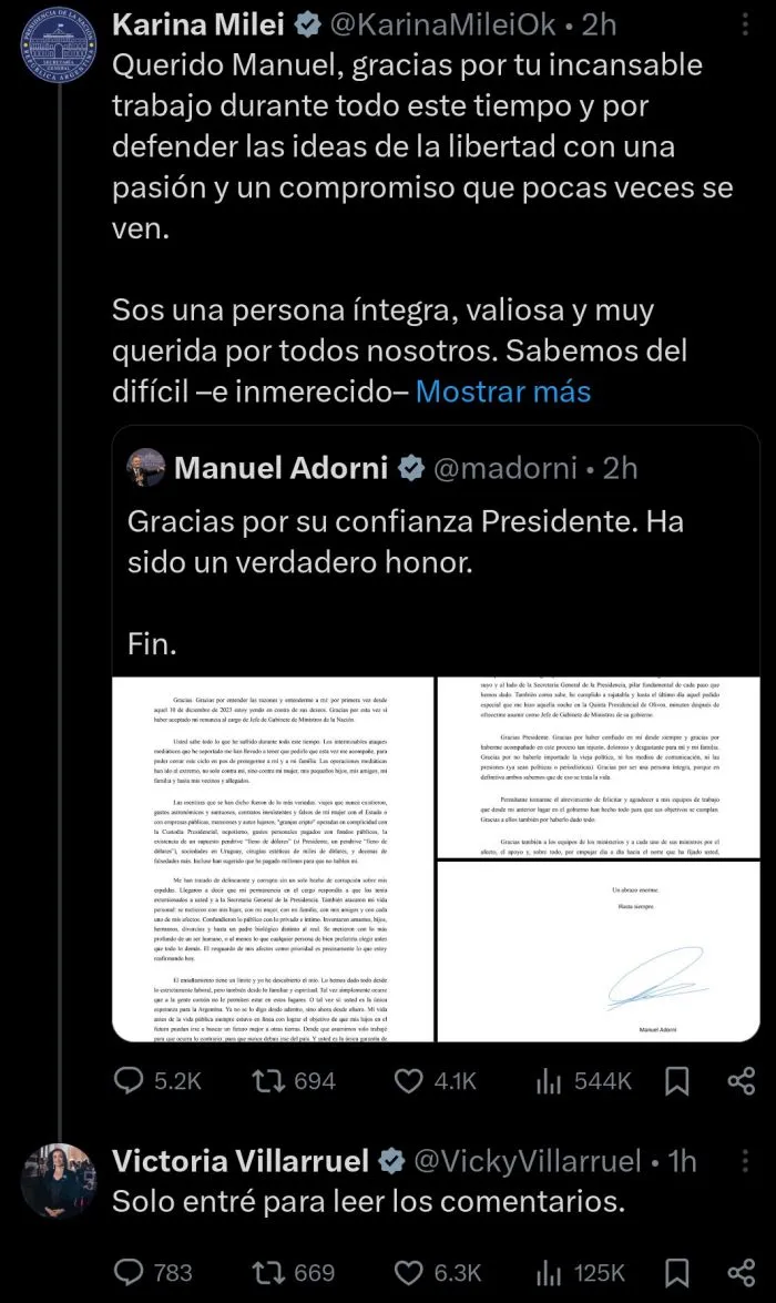  "Solo entré para leer los comentarios": la publicación de Victoria Villarruel que rápidamente se viralizó tras conocerse la salida de Manuel Adorni. 