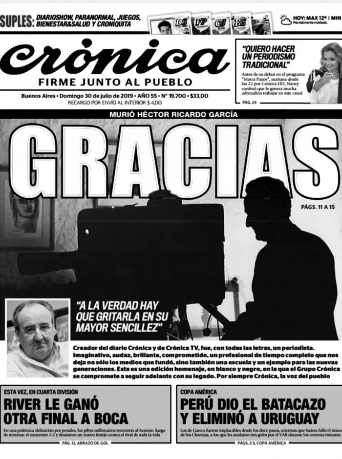 "GRACIAS". La tapa de Cr&oacute;nica cuando fue su muerte. La edici&oacute;n del domingo 30 de junio de 2019. Dolor en el periodismo.