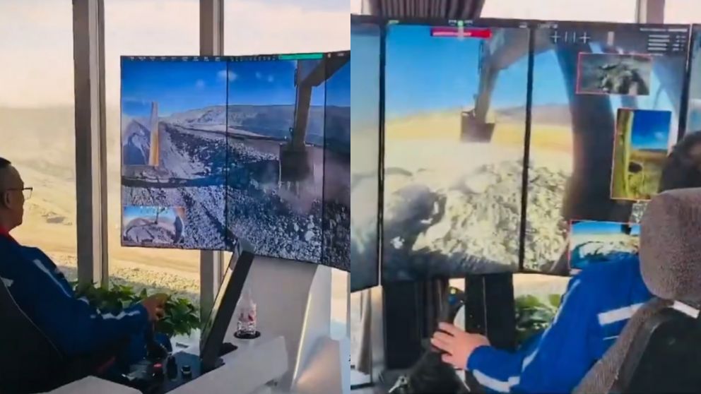 Así obreros chinos controlan por computadoras las imponentes máquinas constructoras.