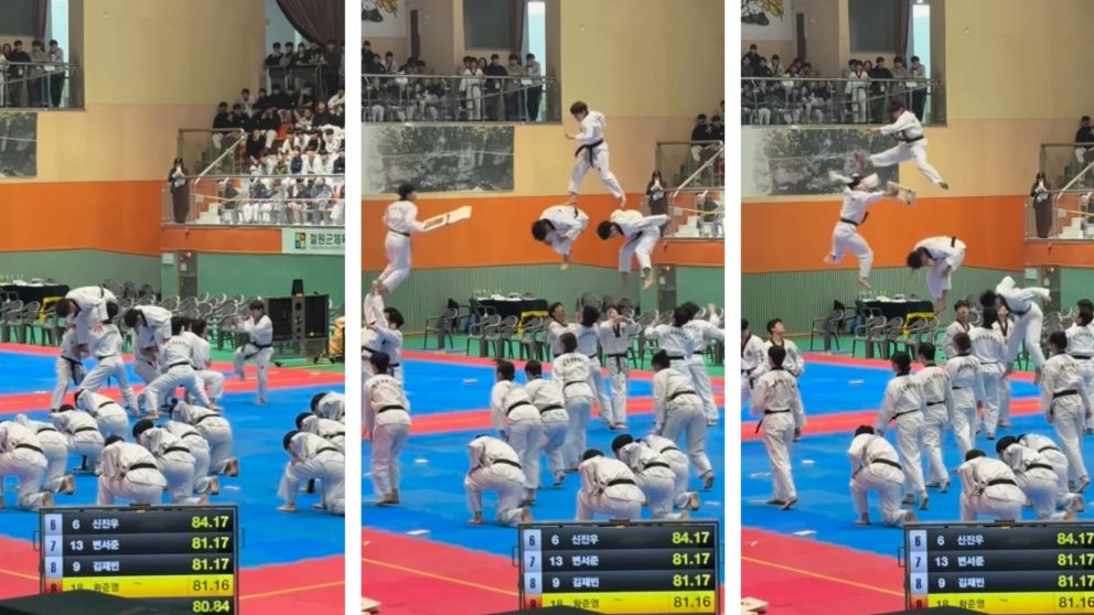�VIDEO! As� taekwondista vol� 5 metros durante una prueba realizada con 12 compa�eros