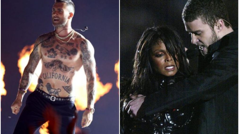 El semidesnudo de Adam Levine recordó el escándalo por el pezón de Janet Jackson en 2004.