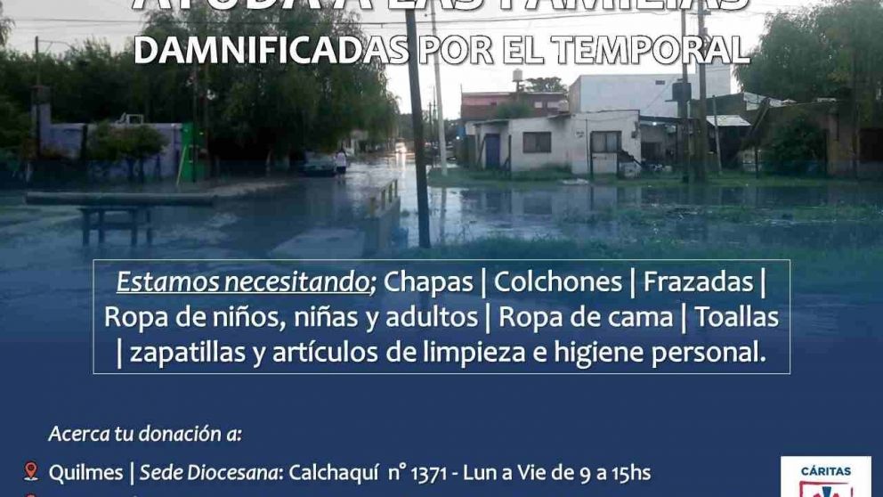 Cáritas Quilmes asiste a los afectados por el temporal