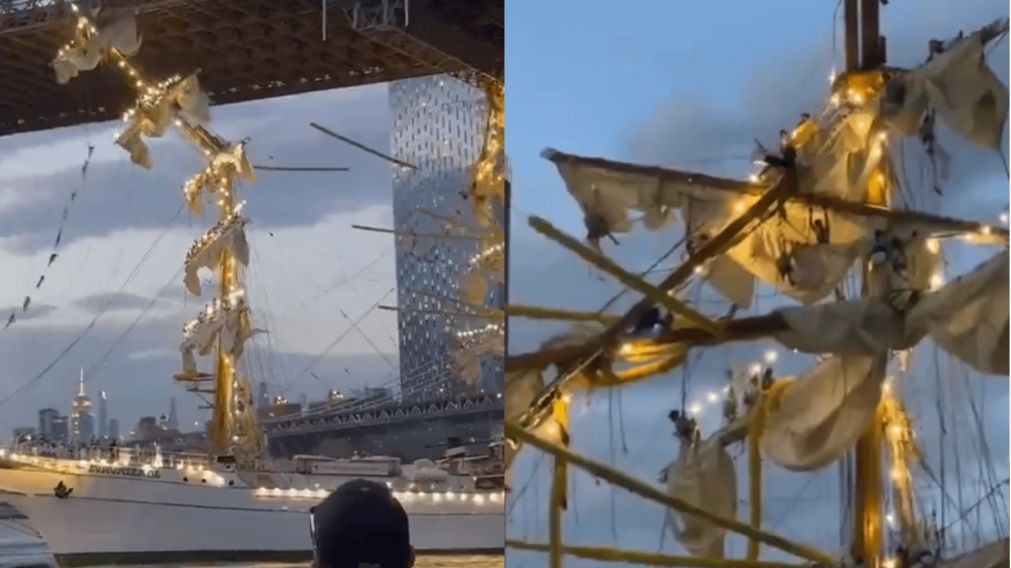 Un buque escuela de la Marina mexicana colisionó contra el puente de Brooklyn mientras realizaba una maniobra en el East River, y por el accidente hubo dos muertos (Captura video).