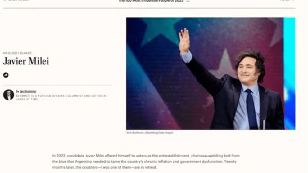 Javier Milei fue elegido por la revista Time entre las 100 personas más influyentes