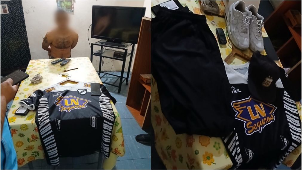 El barrabrava detenido y los objetos decomisados en el procedimiento.