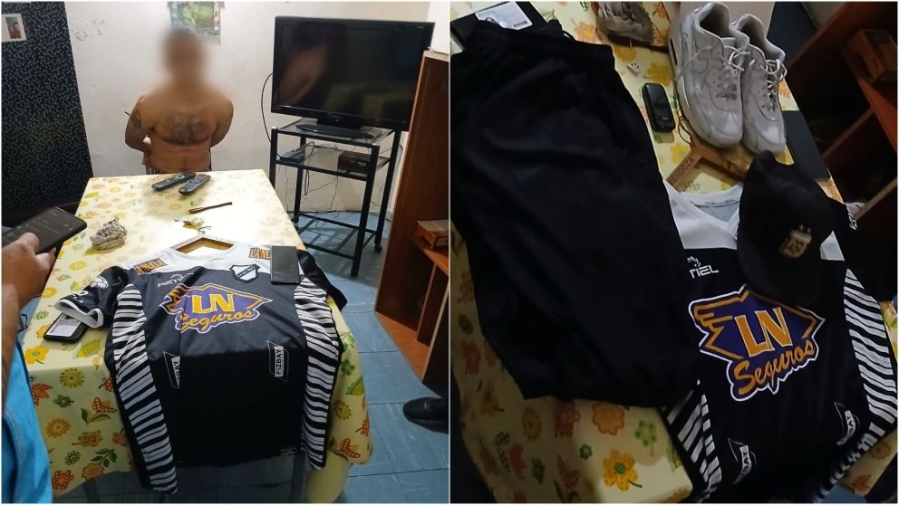 El barrabrava detenido y los objetos decomisados en el procedimiento.