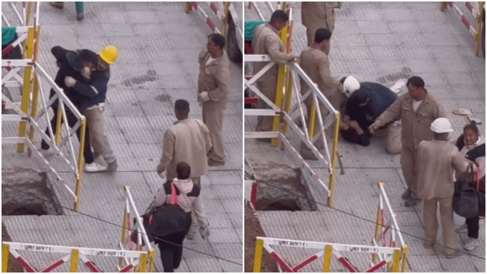 Insólita pelea que desató un borracho contra un grupo de obreros en plena calle.