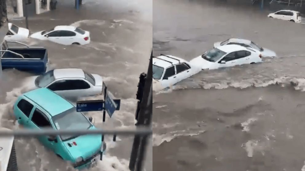 Autos arrastrados por la corriente y calles totalmente anegadas: el temporal desató el caos en Tucumán (Imagen: Captura video X).