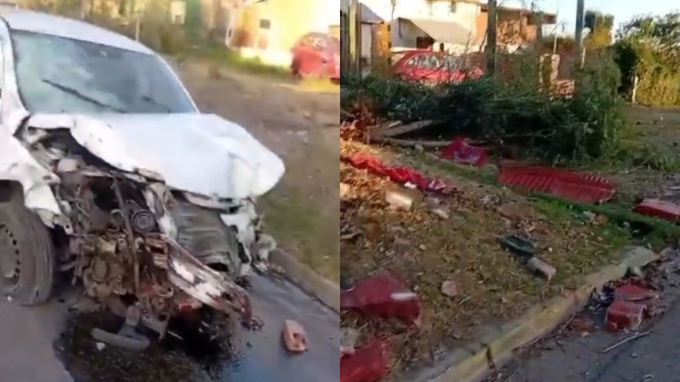 Así quedaron el auto y el santuario del Gauchito Gil tras el siniestro vial.