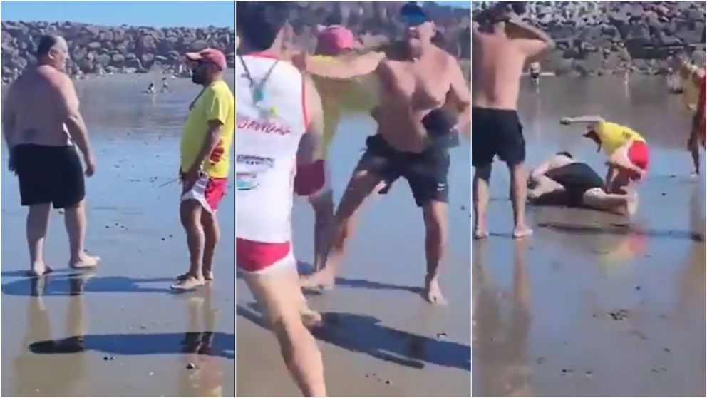 Brutal pelea entre un turista y tres guardavidas.