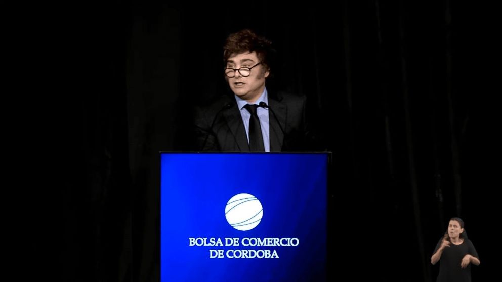 Javier Milei en la Bolsa de Comercio de Córdoba.