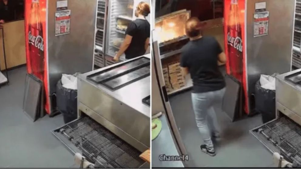 Una cámara de seguridad de la pizzería filmó la secuencia.