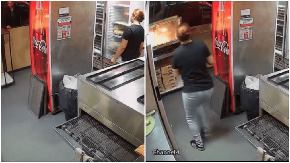 Una cámara de seguridad de la pizzería filmó la secuencia.