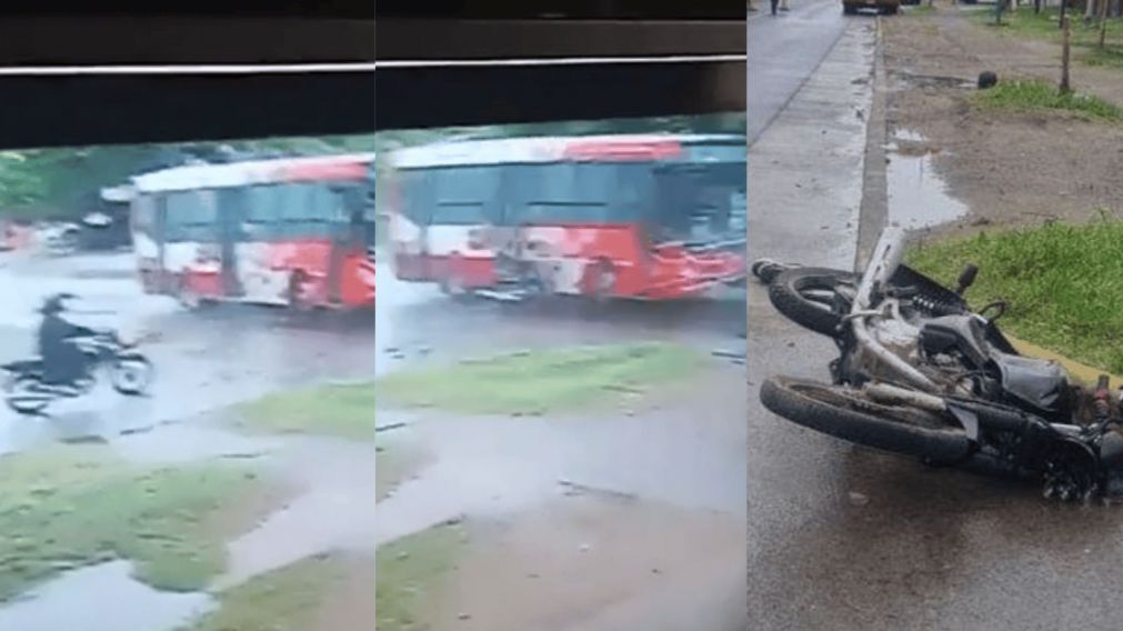 El motociclista impactó de lleno contra el colectivo y salió despedido.