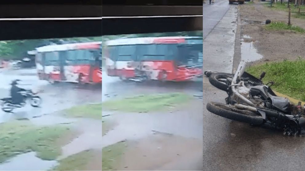 El motociclista impactó de lleno contra el colectivo y salió despedido.