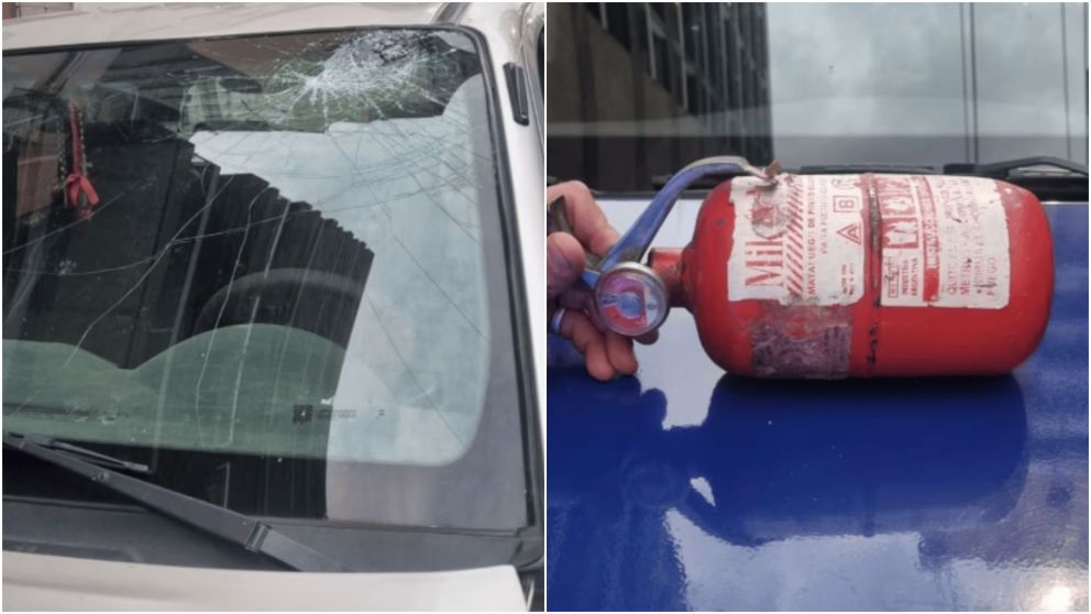 El auto destrozado y el elemento usado por el agresor.