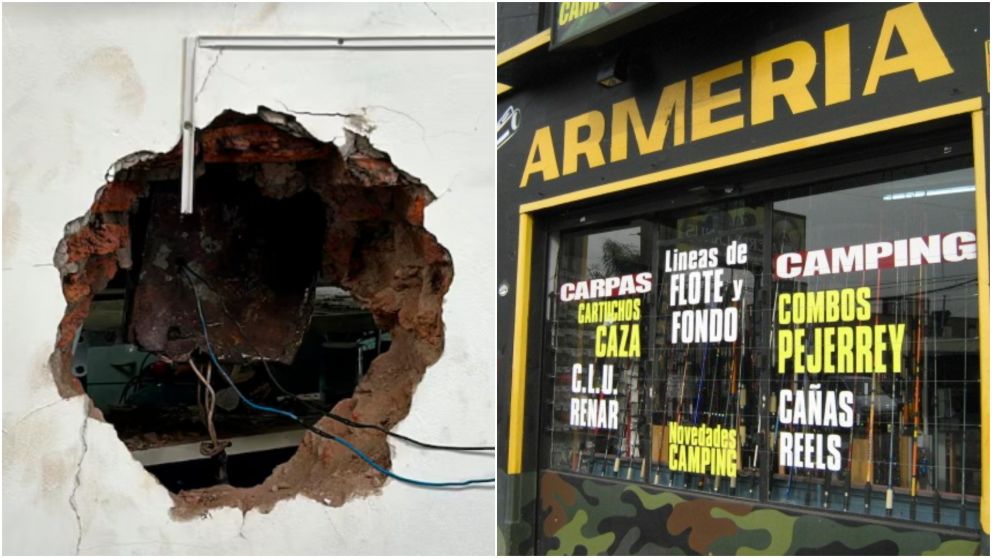 El agujero por donde entraron los boqueteros en la armería robada.