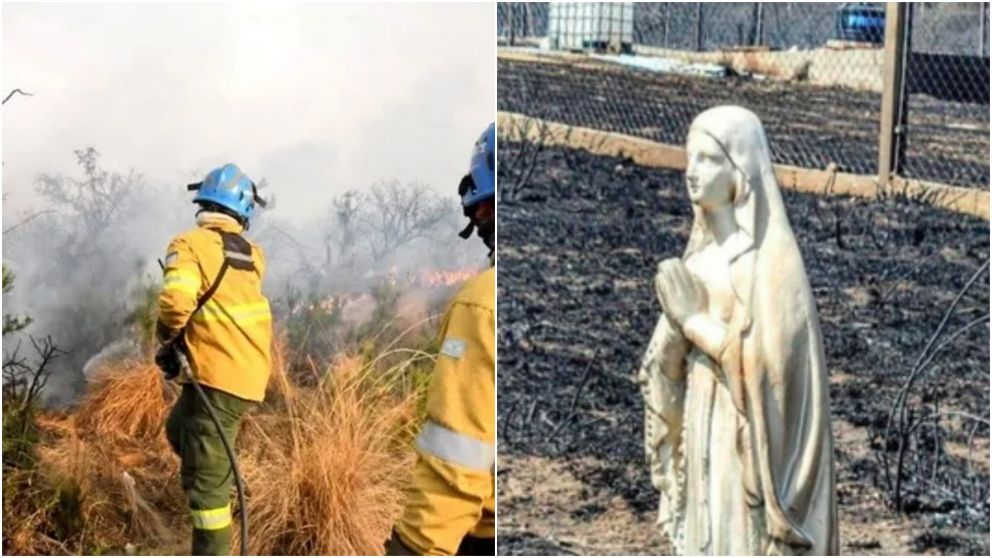 Así quedó la imagen de una virgen entre casas incendiadas.