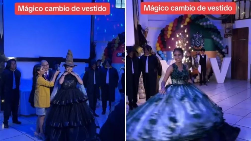 Una quinceañera usó un "vestido mágico" en su fiesta y sorprendió a todos los invitados (Imagen captura vídeo).