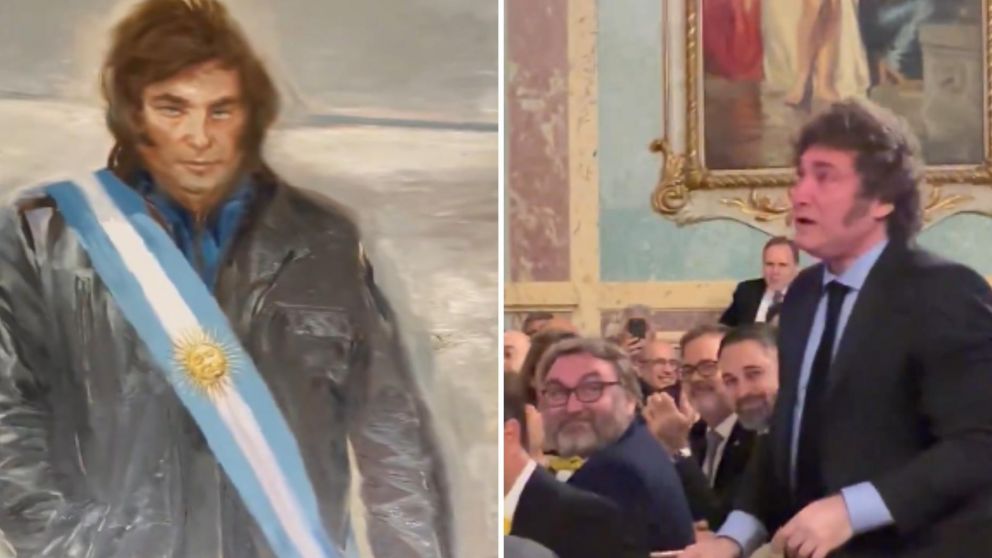 Javier Milei se emocion� con la entrega de un cuadro con su retrato.