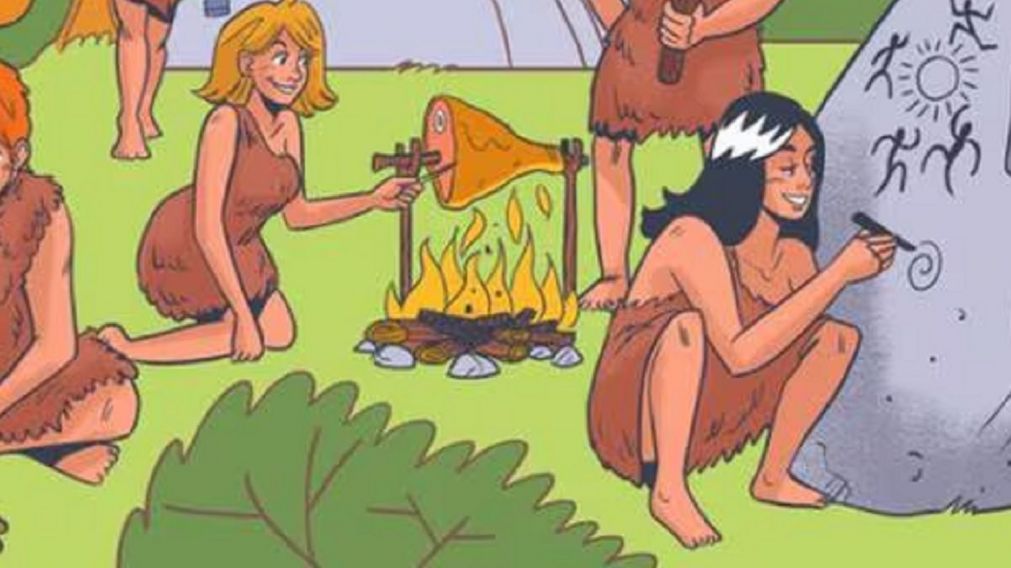 Reto visual histórico: encontrá al impostor que viene del futuro y está entre los cavernícolas.