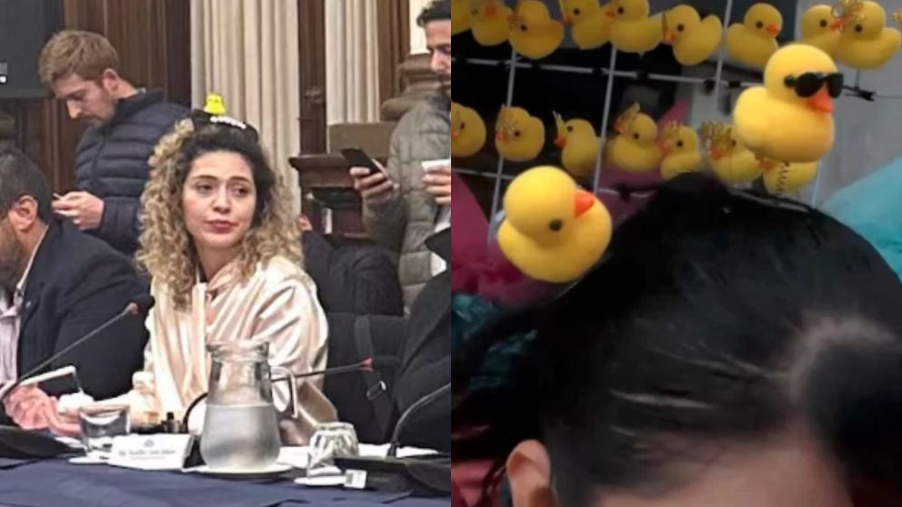 La imagen de la diputada libertaria con el patito amarillo en la cabeza.
