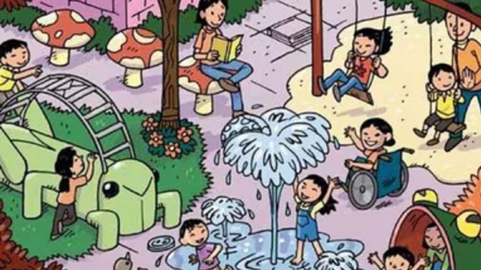Reto visual para observadores: encontrá el lápiz escondido en el patio del recreo en un máximo de 12 segundos.