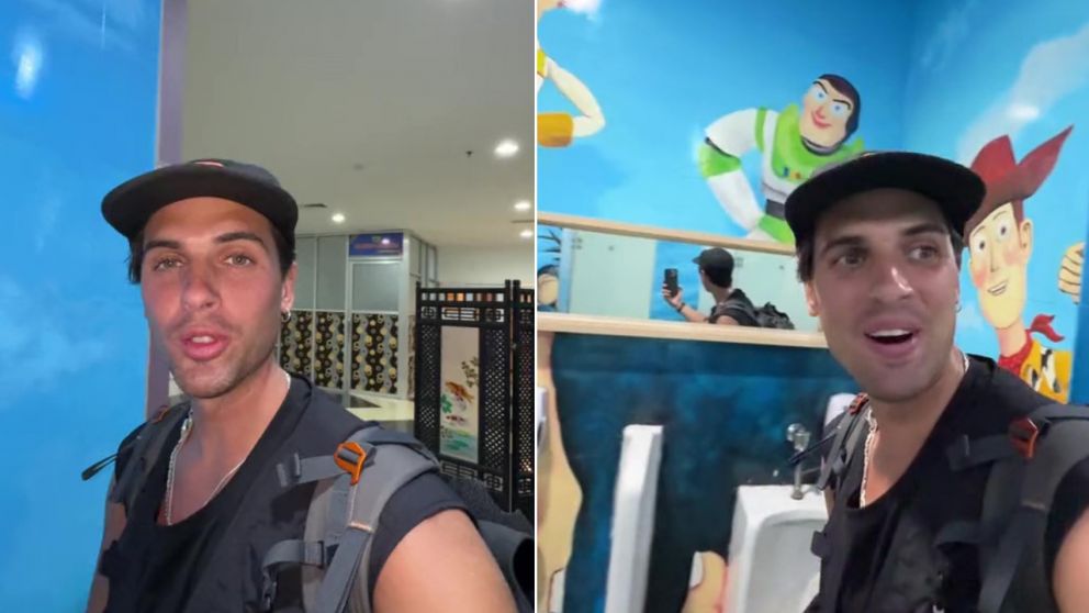 Un influencer mostró cómo es el baño más "surrealista" que encontró en un aeropuerto (Imagen captura vídeo).