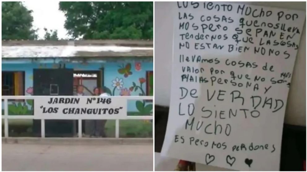 La carta que dejaron los ladrones tras cometer el robo en el jardín de infantes.