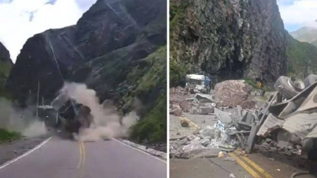 Enormes piedras cayeron sobre unos camiones tras un impactante derrumbe en una montaña (Imagen redes sociales).