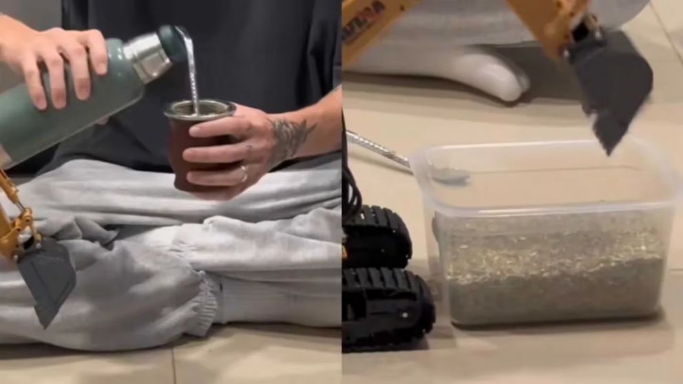 Compró una excavadora de juguete y la usa para prepararse mates sin esforzarse (Imagen captura vídeo).