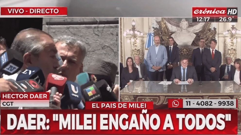 El secretario general de la CGT, Héctor Daer, rechazó el decreto de necesidad y urgencia (DNU) del gobierno de Javier Milei.