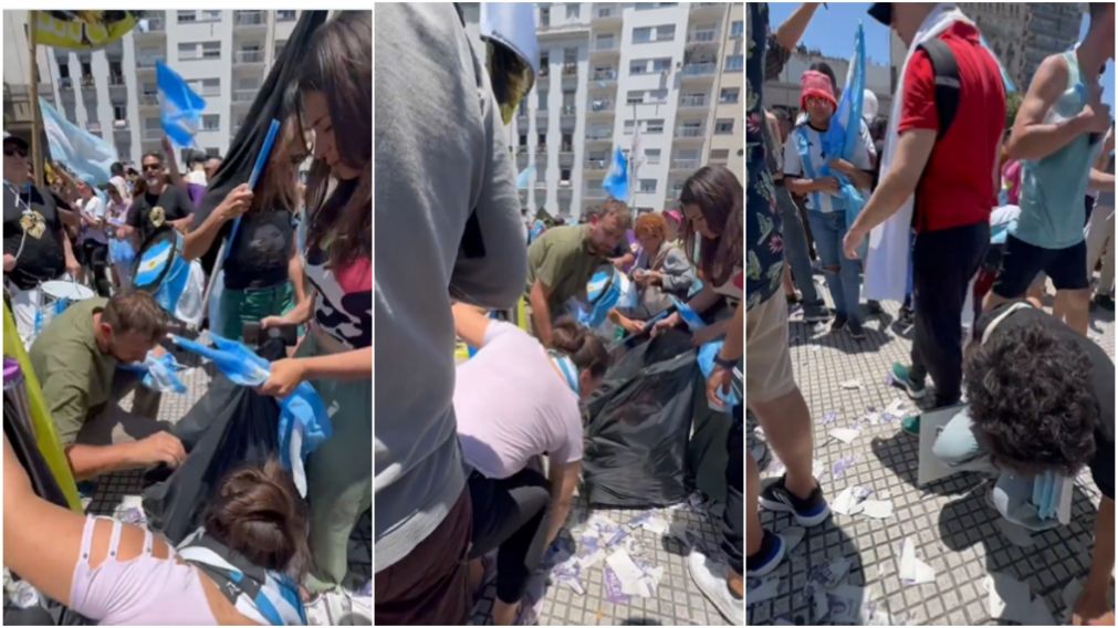 Militantes limpiaron la plaza tras el acto de asunci�n de Javier Milei (captura de video).