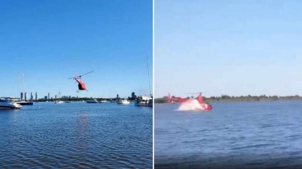 Un helicóptero se estrelló en el Río Paraná tras realizar maniobras peligrosas y murió el piloto (Imagen captura vídeo).
